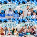 Happy Birthday Decoration Combo Pack – With Light Blue Paper Birthday Banner, Silver Foil Backdrop Curtain, Blue, Black & Silver.