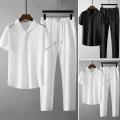 2Pcs/Set Summer Men's Suit Elastic Waistband Pleated Casual Outfit Men Business Short Sleeve Shirts Long Pants Set Male Clothing. 