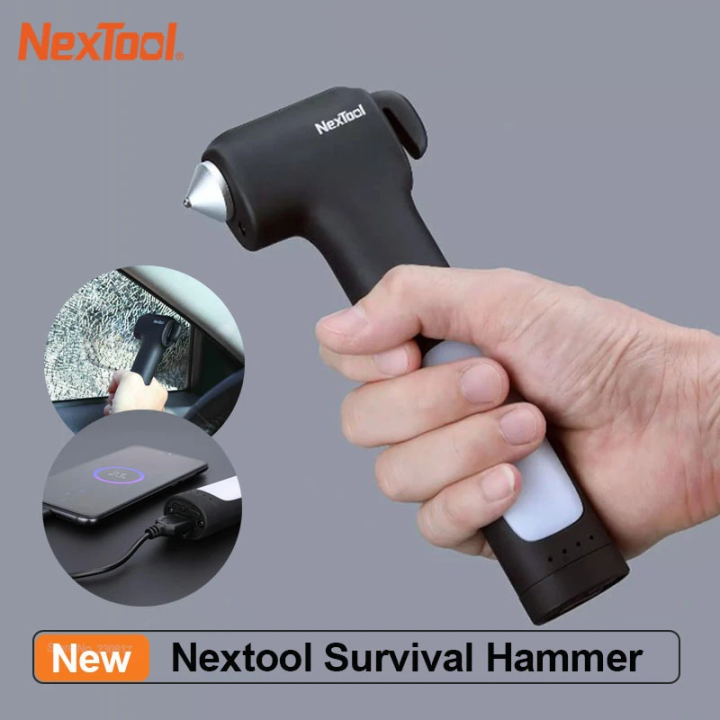 Xiaomi NexTool Multii functional Survival Hammer Car Window Breaker USB Recharging Power Bank Car Emergency Lam - Black