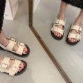 Birkenstock Double Belt Buckle Flat Soft Leather Sandals for Women2023Summer Buckle Casual Roman Shoes Open Toe Beach Shoes.