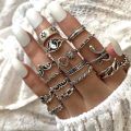 New Style Gossip Snake Leaf Flower Heart Butterfly Pearl Chain Oil Dripping Joint Ring Set Personality Retro Trend Ring.
