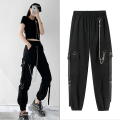 2023 Spring Summer Cargo Women's Pants Punk Black Female Joggers Streetwear Harem Ankle-Length Trousers with chain. 