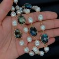 KKGEM 8x10mm natural White Rice freshwater Pearl Rosary Chain Faceted Pear labradorite Bezel Set sweater chain Wrap Necklace 28.