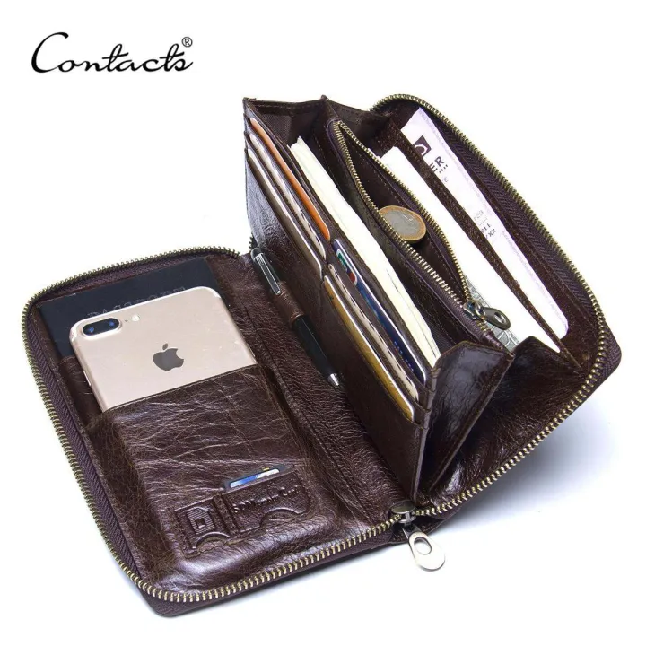CONTACT'S Brand Cow Leather Men Casual Long Clutch Wallet Zipper Purse With Passport Holder Phone Case Card Holder