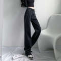 Black gray jeans for women's spring and autumn wear 2024 new high waisted straight loose fit small design with wide leg pants. 