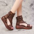 Women's Roman Shoes Summer Casual Stylish2022New High-Top Height Increasing Wedge Sandal Boots Soft Leather Platform Peep Toe Sandals.
