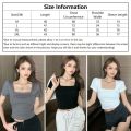 【New and Improved】 Fashion Square Collar Women T-shirt Black White Short Sleeves Women Top Solid Color Slim Fit Tee.