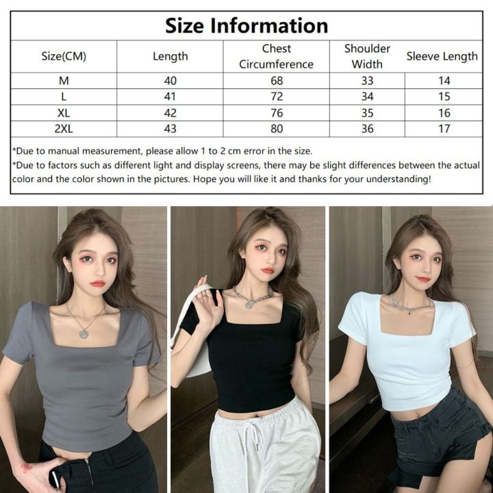 %E3%80%90New%20and%20Improved%E3%80%91%20Fashion%20Square%20Collar%20Women%20T-shirt%20Black%20White%20Short%20Sleeves%20Women%20Top%20Solid%20Color%20Slim%20Fit%20Tee%20-%20Image%202