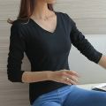 2022 Black White Ladies Long-Sleeve T-Shirt Korean V Neck Slim Stretch Casual Bottoming Shirt Solid Color Women Girls Top.