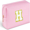 Makeup Bag, Small Travel Cute Cosmetic Pouch Makeup Case Toiletry Zipper Pouch, Monogram Waterproof PU Leather Chenille Letter Storage Bag Gift for Women Personalized Patch.
