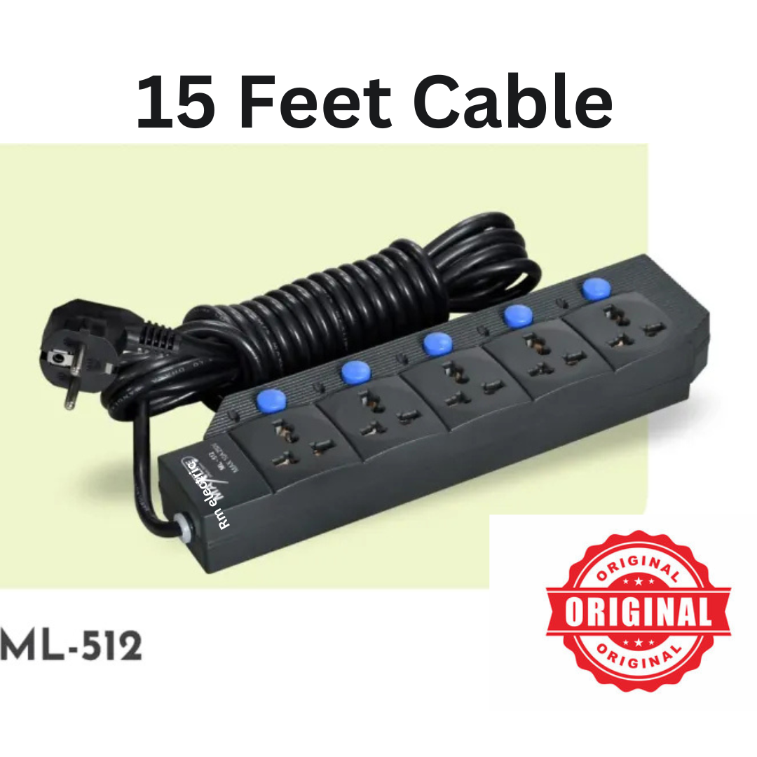 Multiplug Safe Touch 512 Model (7-15 Feet Cable) With Per Point Switch Black Colour Heavy Multiplug For Laptop Computer Extension Socket Power Cord