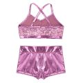 Kids Girls Ballet Dance Clothes Gymnastics Leotard Gym Sports Fitness Workout Tankini Outfit Shiny Sequins Tank Bra Tops Shorts.