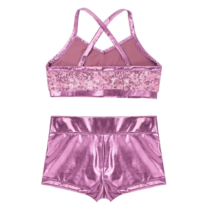 Kids%20Girls%20Ballet%20Dance%20Clothes%20Gymnastics%20Leotard%20Gym%20Sports%20Fitness%20Workout%20Tankini%20Outfit%20Shiny%20Sequins%20Tank%20Bra%20Tops%20Shorts%20-%20Image%204