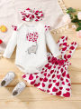Ma&Baby Baby Girls Clothes Set, Love Heart Print Long Sleeve O-neck Romper+Suspender Skirt+Headband. 