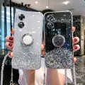For Realme C33 Case Shiny Ring Glitter Soft Transparent Holder Stand Back Cover with String Casing for Realme C33 Phone Cases Cover Stars Moon Girls. 