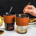 NEW 450ml Glass Cups With Cover+Straw+Leather Sleeveand,Reusable Boba Bottle, Iced Coffee Glasses, Travel Tumbler For Bubble Tea.