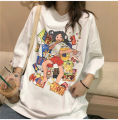 2021 Harajuku Korean Girl Eating Snacks CartoonsT Shirts Tees Shirt Tops Cotton Green Short-Sleeved Aesthetic Casual T Shirt.