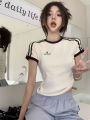 Pure Cotton This Year Popular Three Bars Letters Embroidered Slim T T-shirt Women's Casual T-shirt Shory Style Top Clothes Women. 
