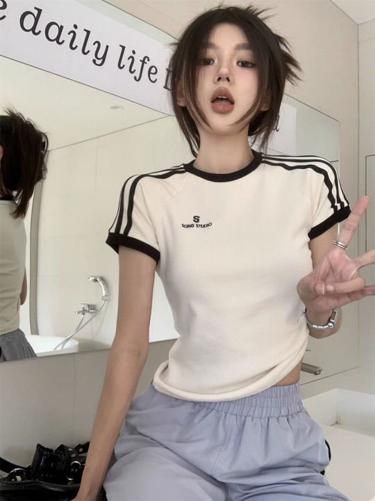 Pure%20Cotton%20This%20Year%20Popular%20Three%20Bars%20Letters%20Embroidered%20Slim%20T%20T-shirt%20Women's%20Casual%20T-shirt%20Shory%20Style%20Top%20Clothes%20Women%20-%20Image%203