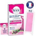 Veet Wax Strips for Bikini Line & Underarm, 16 One-Side Strips (2 Strips Patched Together X 8) & 3 Perfect Finish Wipes for Long Lasting Smoothness, Normal Skin, Made in France. 