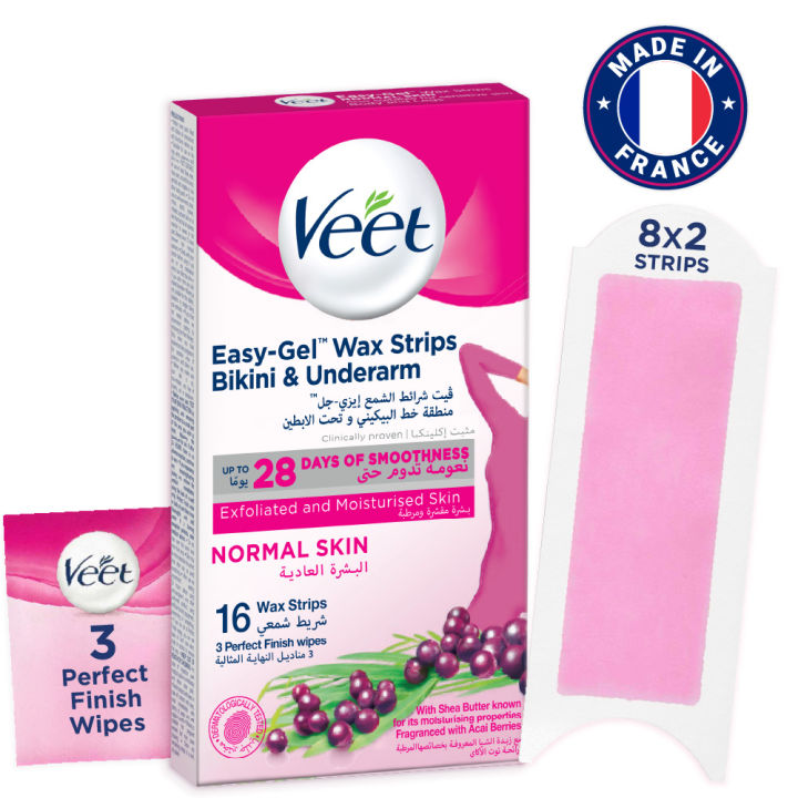 Veet Wax Strips for Bikini Line & Underarm, 16 One-Side Strips (2 Strips Patched Together X 8) & 3 Perfect Finish Wipes for Long Lasting Smoothness, Normal Skin, Made in France