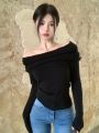 Idle Style off-Shoulder Collarbone Knitted Sweater Spring Gentle Slim Fit Slimming Thin Long Sleeve Bottoming Shirt Top. 