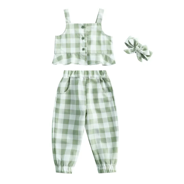 3%20Pcs%20Infant%20Plaid%20Outfits,%20Girls%20Ruffled%20Boat%20Neck%20Tank%20Tops%20+%20Trousers%20with%20Pocket%20+%20Headband%20-%20Image%202