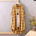 New mid-length ﹍ Women's Thin 2019 Coat Spring and Summer Plaid Korean Style Plaid Shirt Sleeve Top Loose Large Coat Undershirt Wide Shirt _’.