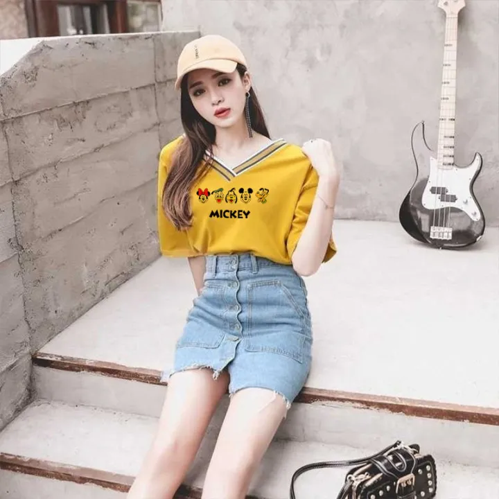 White%20V%20Collar%20Top%20Yellow%20Korean%20Style%20All-Match%20Loose%20Western%20Style%20Slimming%20Inner%20Vest%20Short%20Sleeve%20T%20Women's%20New%20T-shirt%20-%20Image%202