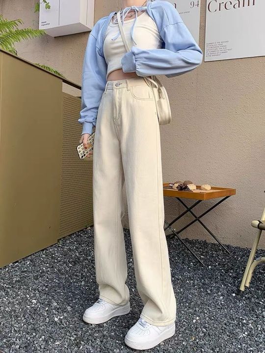 Off-White%20Micro%20Wide-Leg%20Jeans%20Women's%20High%20Waist%20Slimming%20Loose%20Apricot%20All-Match%20Draping%20Elastic%20Waist%20Student%20Black%20Pants%20-%20Image%203