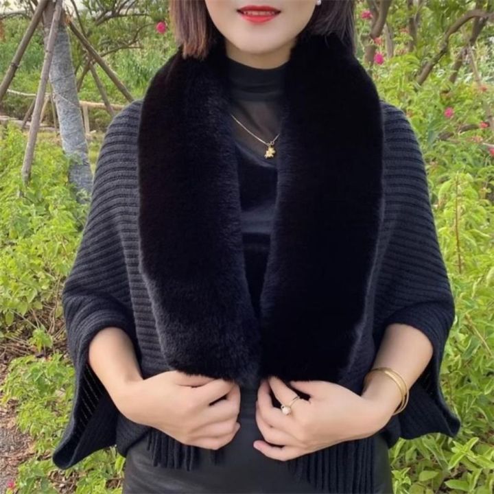 Knitting Thick Women's Loose Shawl with Faux Fur Collar for Evening Dresses Wedding Knitting Shawl Plush Wraps Cardigan Cape Moonlight Shines