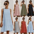 Cotton O-Neck Sleeveless Solid Midi Dress Stitching Large Swing Casual Loose Sundress Vestidos 2022 Summer Women Vest Dress.