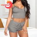 Vist Fox Women Pajamas Set Lace Edge Elastic Waist Women Nightwear Set.