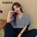 Chic Vintage Floral Printing Button Up Women Shirt Notched Neck Short Sleeve Womens Blouse 2022 Summer Loose Tunic Female Shirts. 