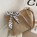 Large Summer Beach Shoulder Bag Straw Woven Square with Silk Ribbon Handle Purse. 
