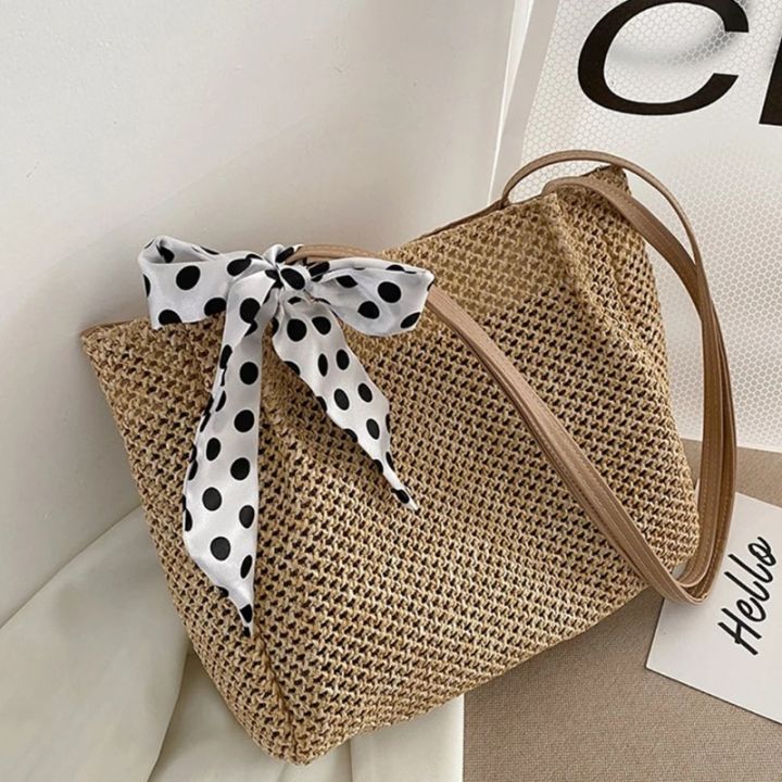 Large%20Summer%20Beach%20Shoulder%20Bag%20Straw%20Woven%20Square%20with%20Silk%20Ribbon%20Handle%20Purse%20-%20Image%203