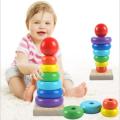 Wooden Rainbow Color Pyramid Ring Puzzle Toy for Early Learning Baby - Large (15.5 cm). 