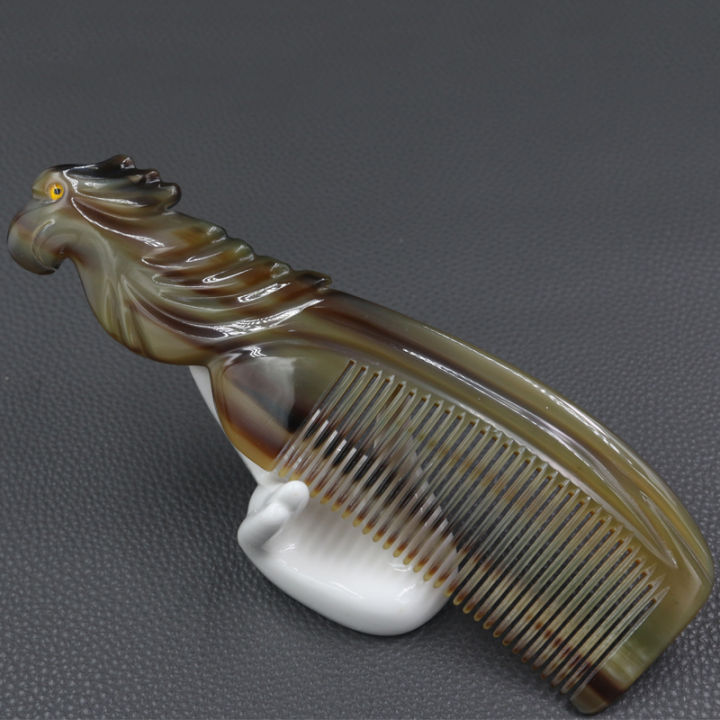 7.48 Inch Natural Vietnam Buffalo Horn Comb Parrot Engraved Horn Comb Anti-Static Comb Brush Hair Massage Comb
