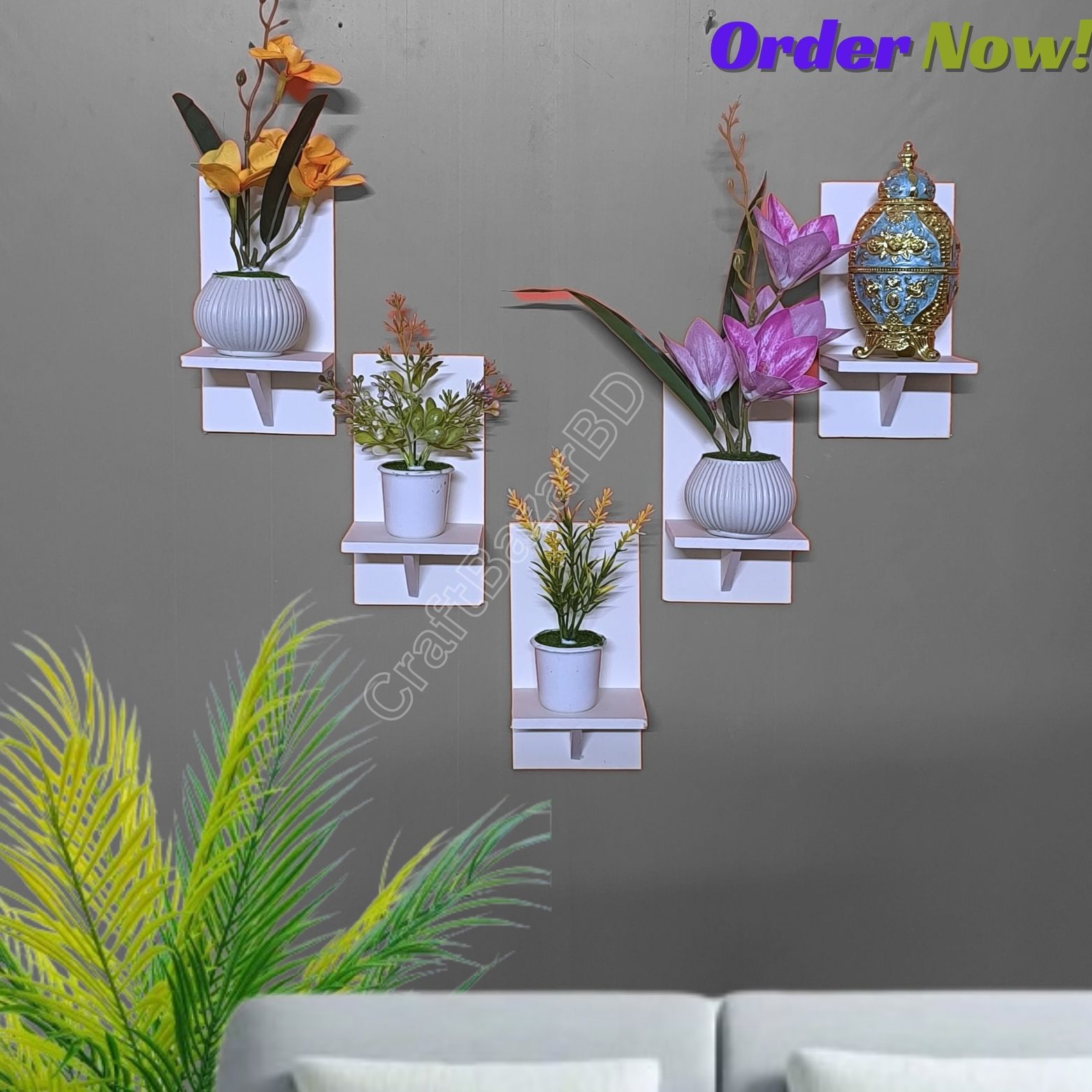 Vertical wall Shelf Without Flower , Self Adhesive Punch Free House Décor ( 1/5 Pcs Stand 1 Set ) Waterproof And Premium Quality.