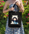 Cute Cartoon Girl Printed Black and White Canvas Tote Bag with Zipper for Girls. 