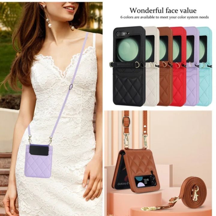 【Best-Selling】 HODON Fashion Korean Card Crossbody Bag Long Short Chain Leather Case for Galaxy Z Flip 6 Z Flip 5 4 3 Z Flip 5 Z Flip 4 Cases Shockproof Protective Cover