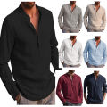 men's long sleeve V-neck leisure loose linen shirt with pocket fashion casual shirt. 