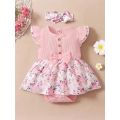 0-18 Months Baby Girl Floral Romper Dress Fly Sleeve Summer Ribbed Jumpsuit with Headband Newborn Baby Girl Lovely 2PCS Outfit. 