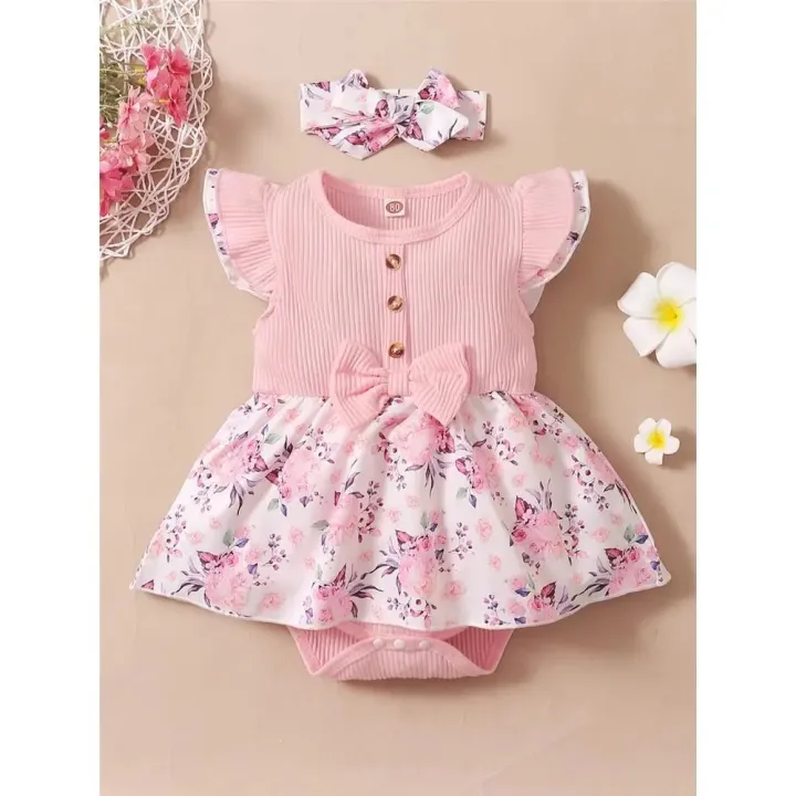 0-18%20Months%20Baby%20Girl%20Floral%20Romper%20Dress%20Fly%20Sleeve%20Summer%20Ribbed%20Jumpsuit%20with%20Headband%20Newborn%20Baby%20Girl%20Lovely%202PCS%20Outfit%20-%20Image%203