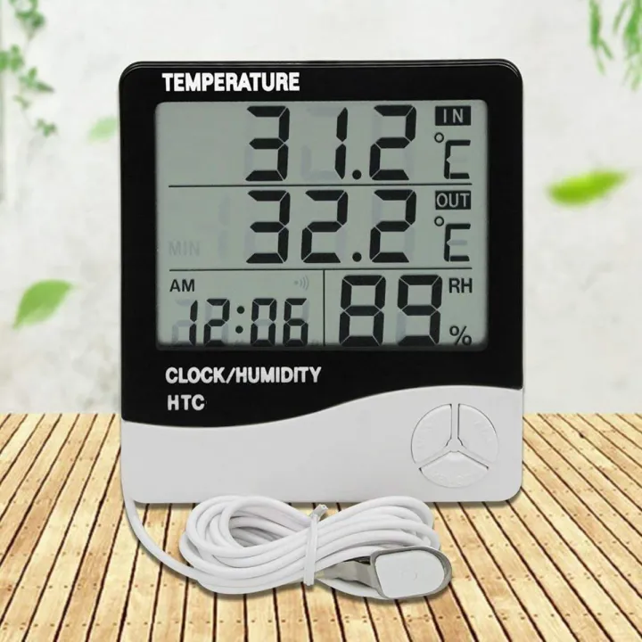 HTC2 HTC-2 Digital LCD Display With Temperature Humidity Meter Gauge Thermometer Hygrometer Temperature Sensor Indoor Outdoor 1.5M Length Cable Probe With Clock Wall Mount Meter