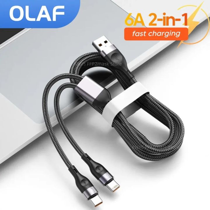 Olaf 2 in 1 USB Cable Type C Lightning Cable 6A Fast Charging Phone Charge Wire Cord for iphone Samsung Xiaomi Huawei USBC Cable