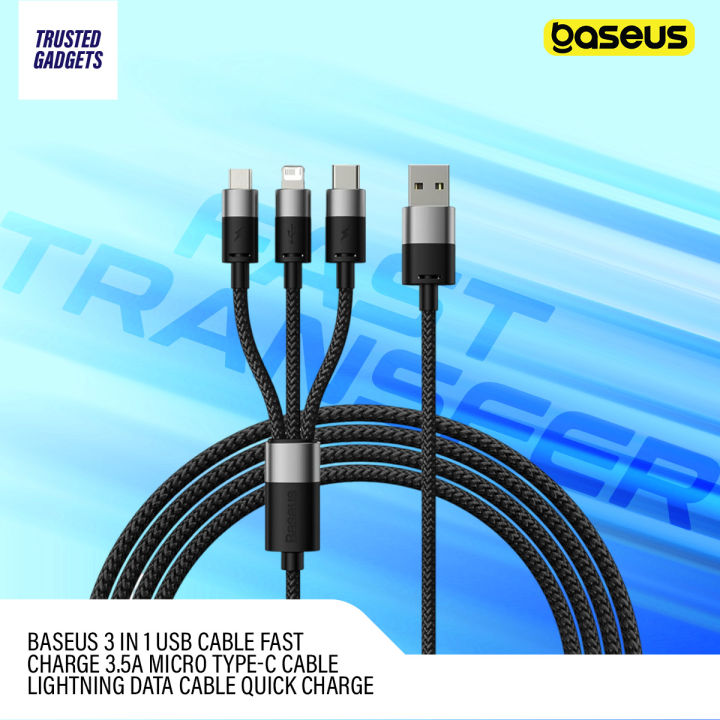 Baseus 3 In 1 USB Cable Fast Charge 3.5A Micro Type-C Cable Lightning Data Cable Quick Charge Forall phone