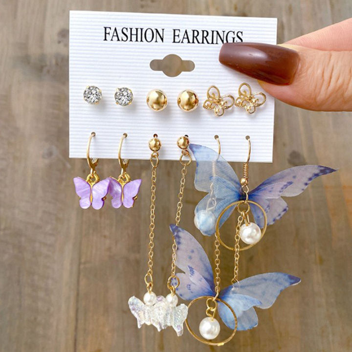 6 Pairs Korean Charm Gold Butterfly Stud Earrings Set For Women Girls Fashion MJD