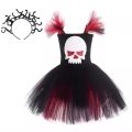 Scary Skull Ghost Costume for Girls Halloween Day of The Dead Horror Clothes Black Red Kids Carnival Party Fancy Tutu Dress Up.