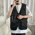 Men'S Cargo Vest Multi Pockets Sleeveless Solid Color V Neck Loose Match Pants Zipper Chain Decor Men Waistcoat Men Clothes. 